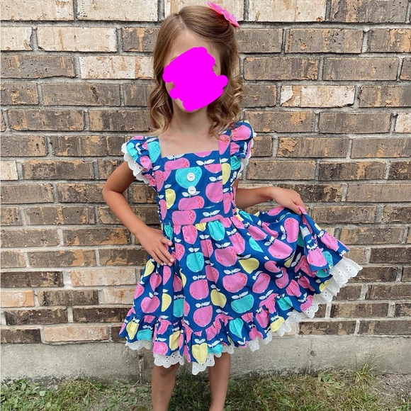 Eleanor Rose Pink and Blue Apple Print Dress - Picture 1 of 13